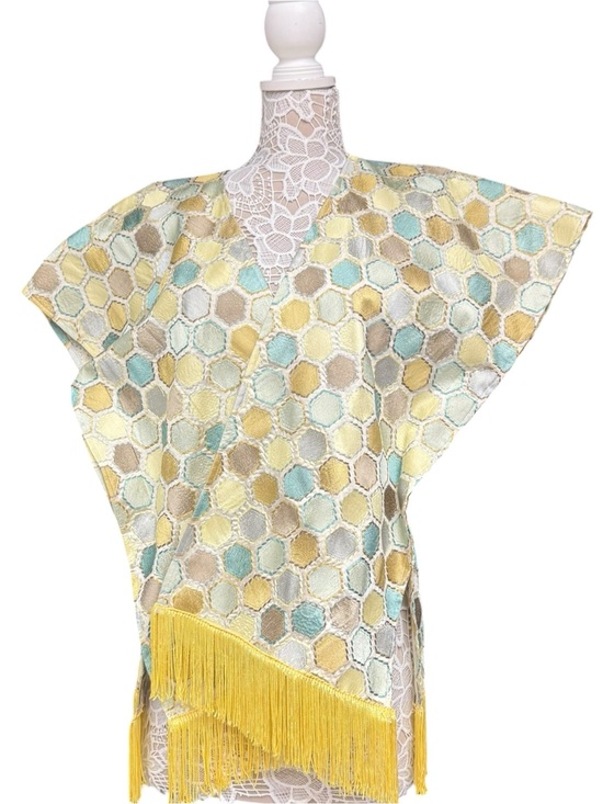 Vintage Jackets & Blazers - Vintage 60s Embroidered Honeycomb Hexagon Pattern Fringe Poncho Vest Boho